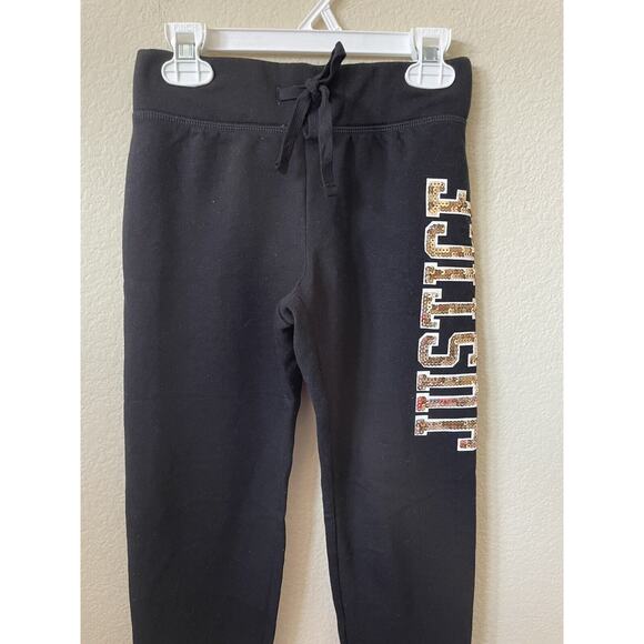Justice Black Gold Sequins Logo Stripe Mid Rise Full Length Joggers Pants Size 8 - Picture 2 of 5